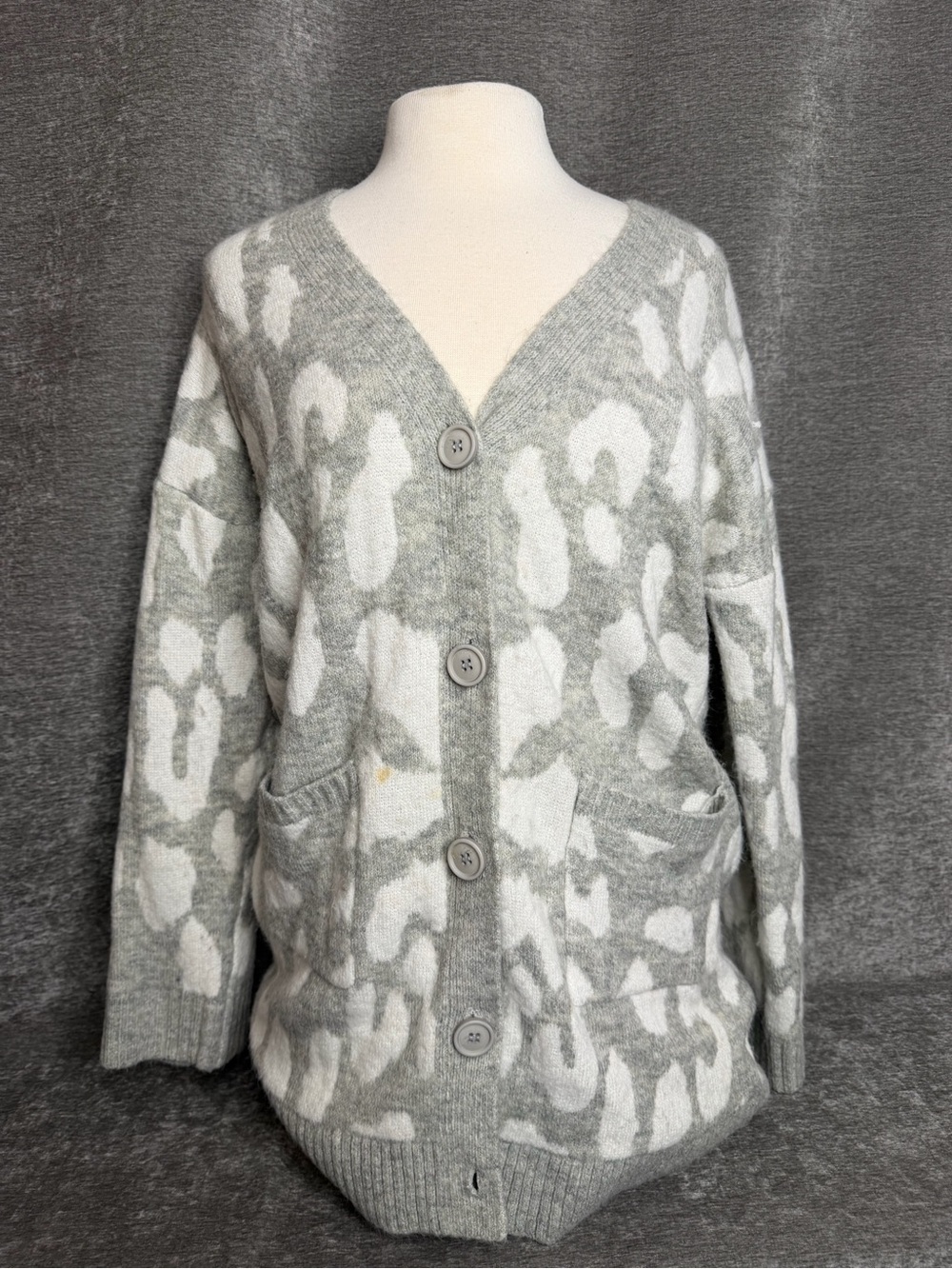 Very J Grey and White Animal Print Button Cardigan